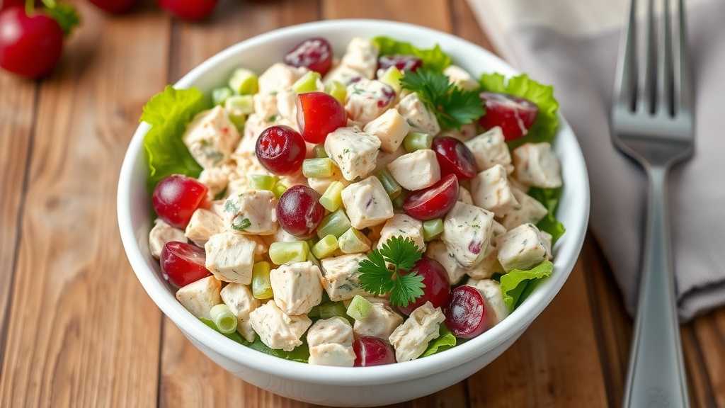 Classic Chicken Salad with Fresh Vegetables A colorful chicken salad with chicken, celery, and grapes on lettuce, set on a rustic table.
